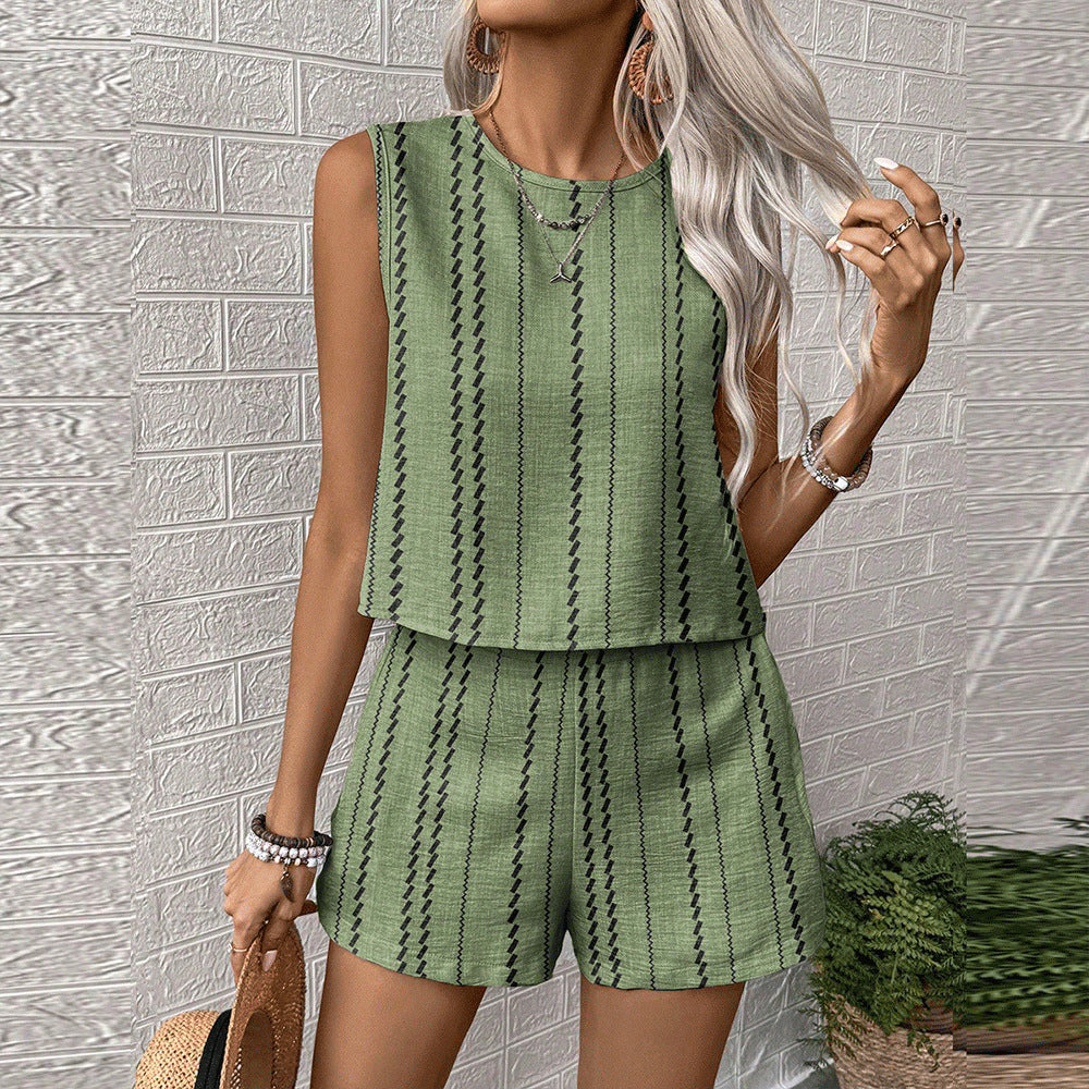 Womens Casual Striped Sleeveless Fashion Top And Shorts Two-Piece Set