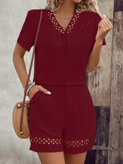 V-Neck Spliced Short-Sleeve Solid Color Cotton-Linen Shorts Set For Women