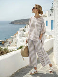 Floral Striped Color-block Mid-sleeve Crewneck Top And Straight-leg Casual Suit
