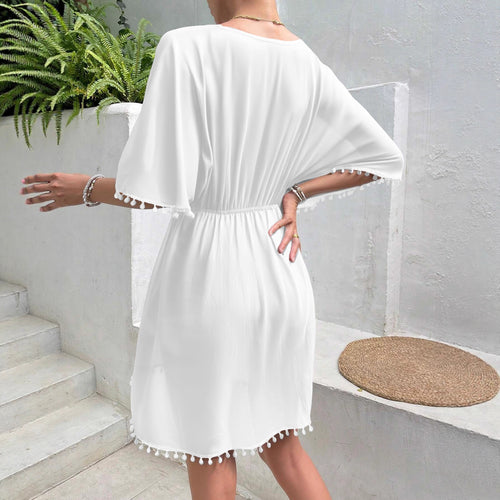 Beach-Style Cover-Up Blouse Lace-Patchwork Waist-Cinched V-Neck Dress