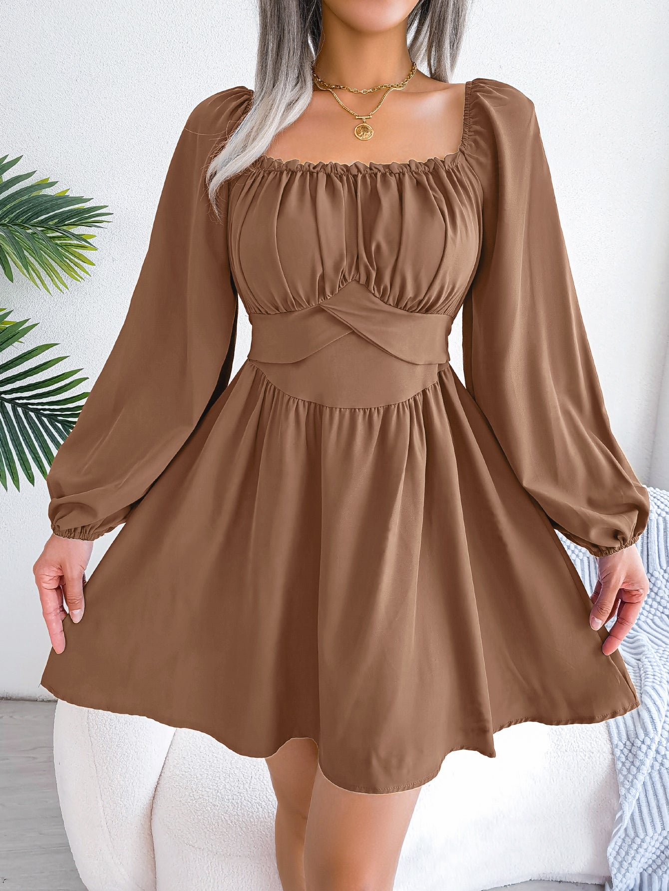 Women  Casual Solid Color Ruffle Square Neck Tie Waist Flowy Dress