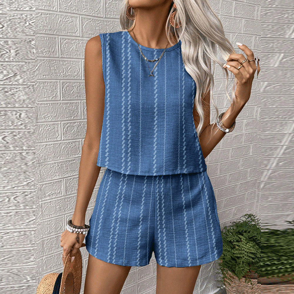 Womens Casual Striped Sleeveless Fashion Top And Shorts Two-Piece Set