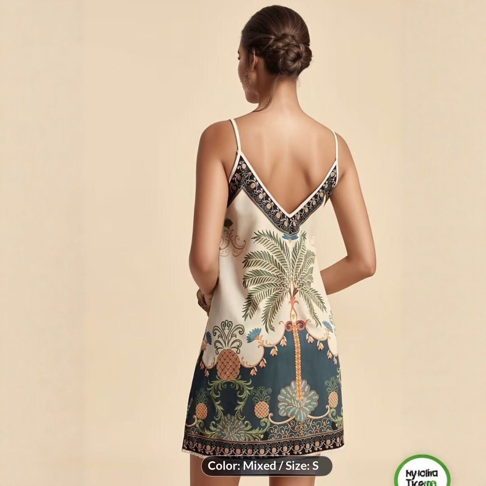 European And American-style Tropical Print V-Neck Slip Dress