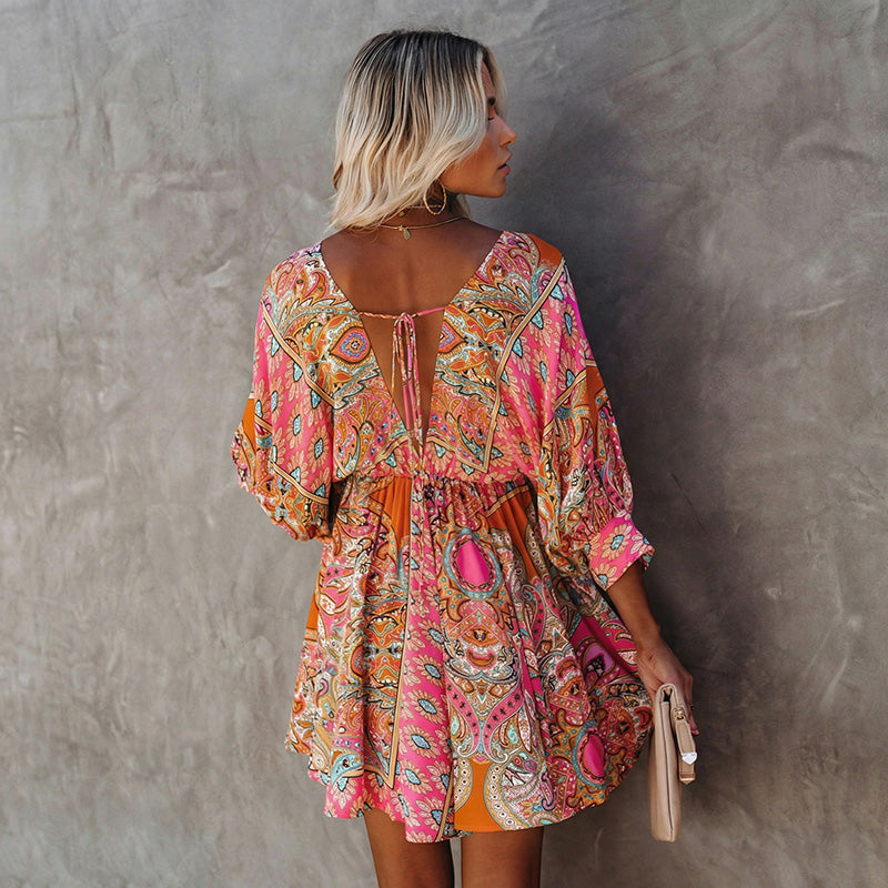 Sexy V-neck Waist-defining Loose Fit Printed Dress