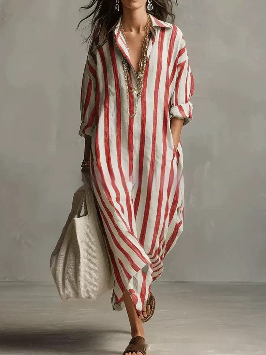 Striped Lapel-collar Dress With Side Slits And Pockets