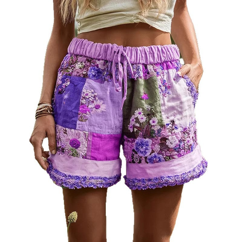 Retro Floral Print Casual Womens Shorts