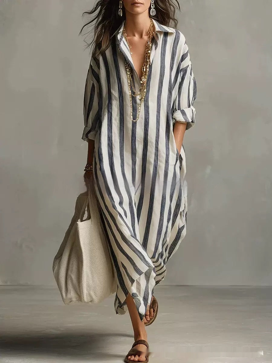 Striped Lapel-collar Dress With Side Slits And Pockets