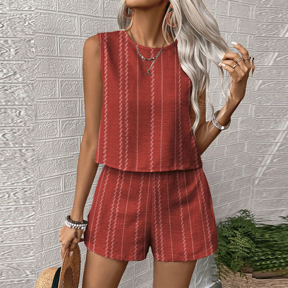 Womens Casual Striped Sleeveless Fashion Top And Shorts Two-Piece Set