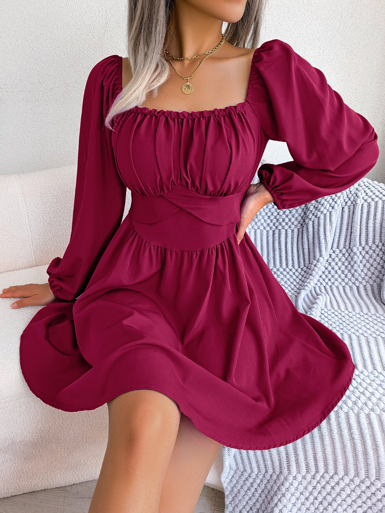 Women  Casual Solid Color Ruffle Square Neck Tie Waist Flowy Dress