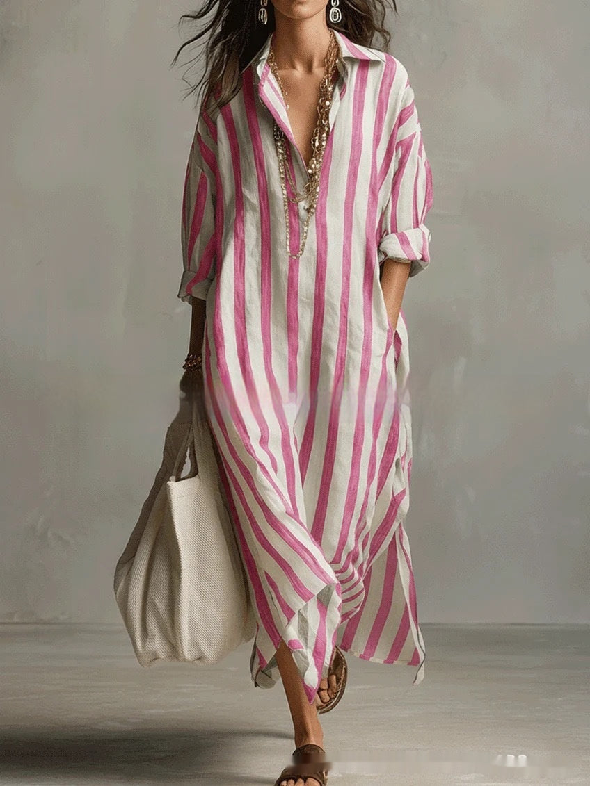 Striped Lapel-collar Dress With Side Slits And Pockets