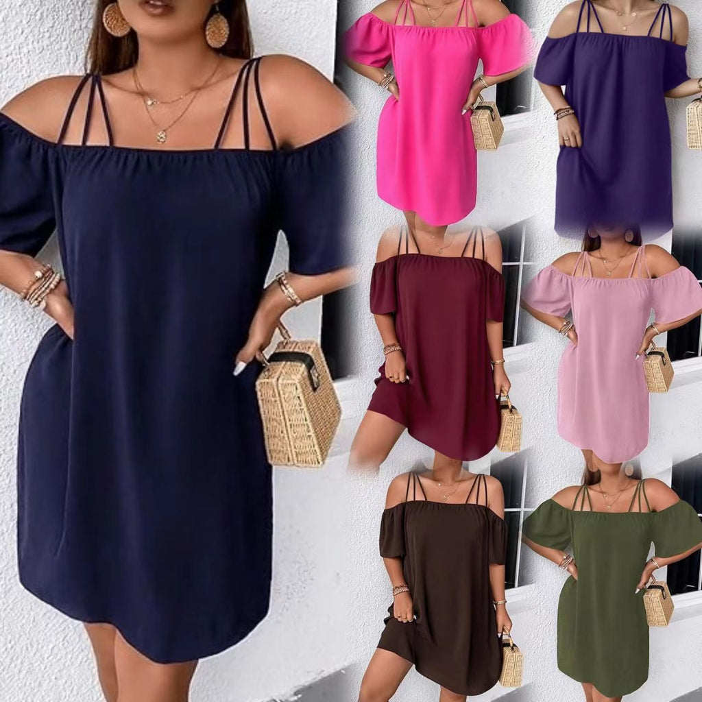 European And American Women's Solid-Color Off-Shoulder Fashion Dress