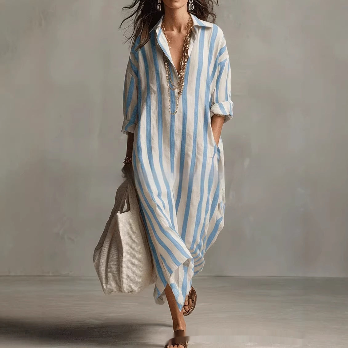 Striped Lapel-collar Dress With Side Slits And Pockets