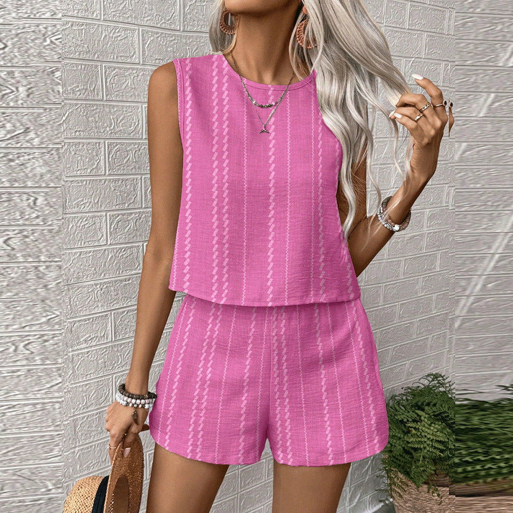 Womens Casual Striped Sleeveless Fashion Top And Shorts Two-Piece Set