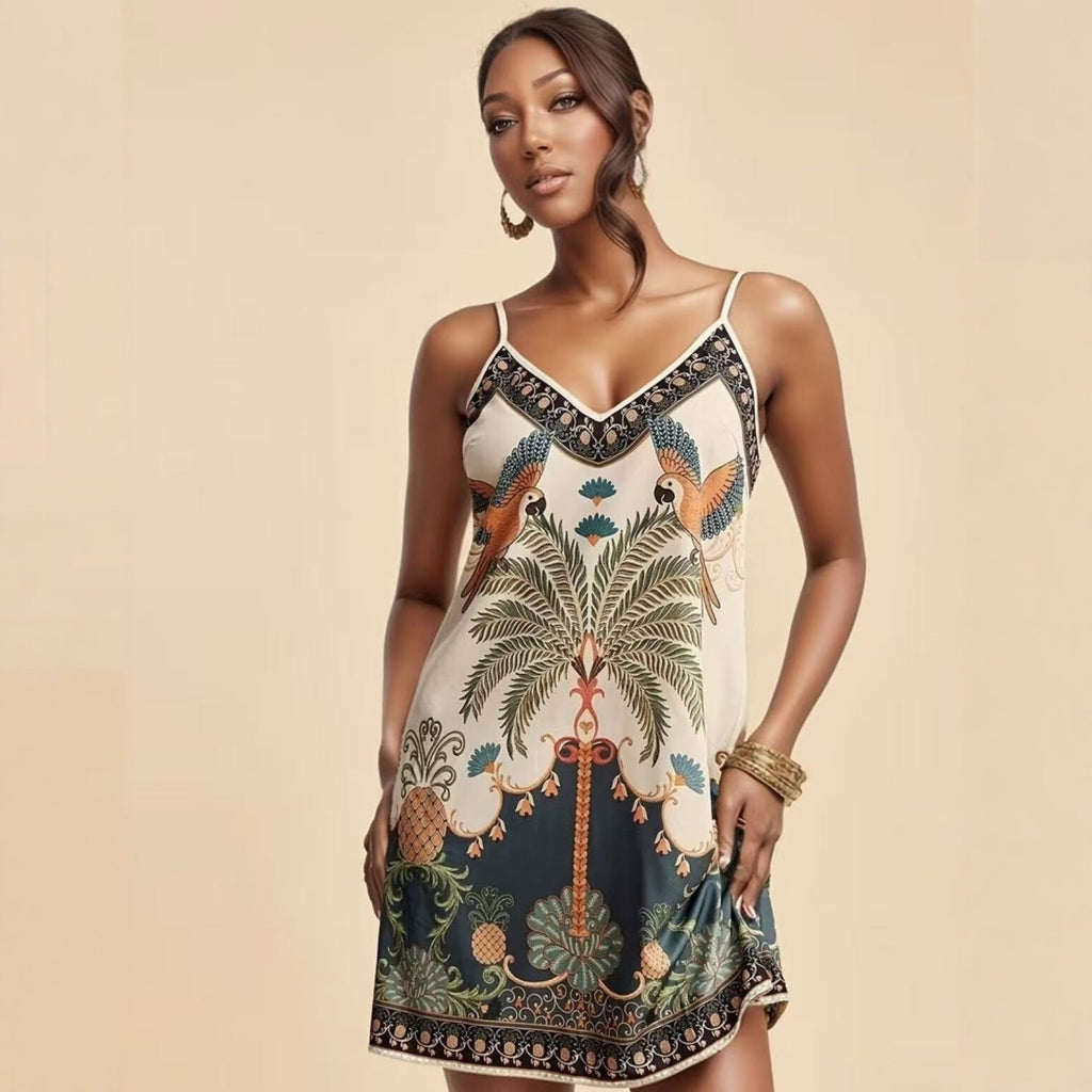 European And American-style Tropical Print V-Neck Slip Dress