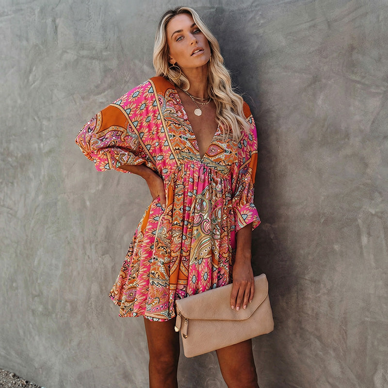 Sexy V-neck Waist-defining Loose Fit Printed Dress