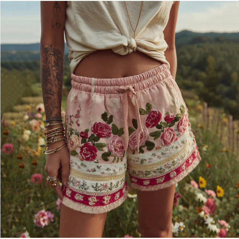 Retro Floral Print Casual Womens Shorts