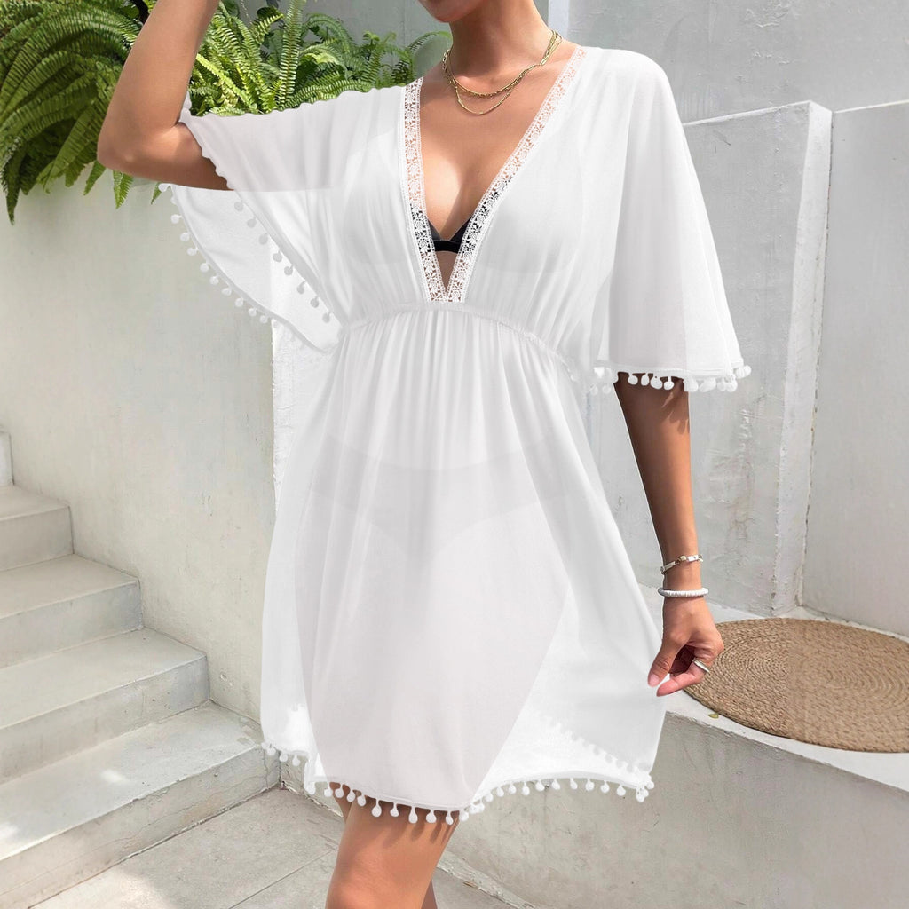 Beach-Style Cover-Up Blouse Lace-Patchwork Waist-Cinched V-Neck Dress
