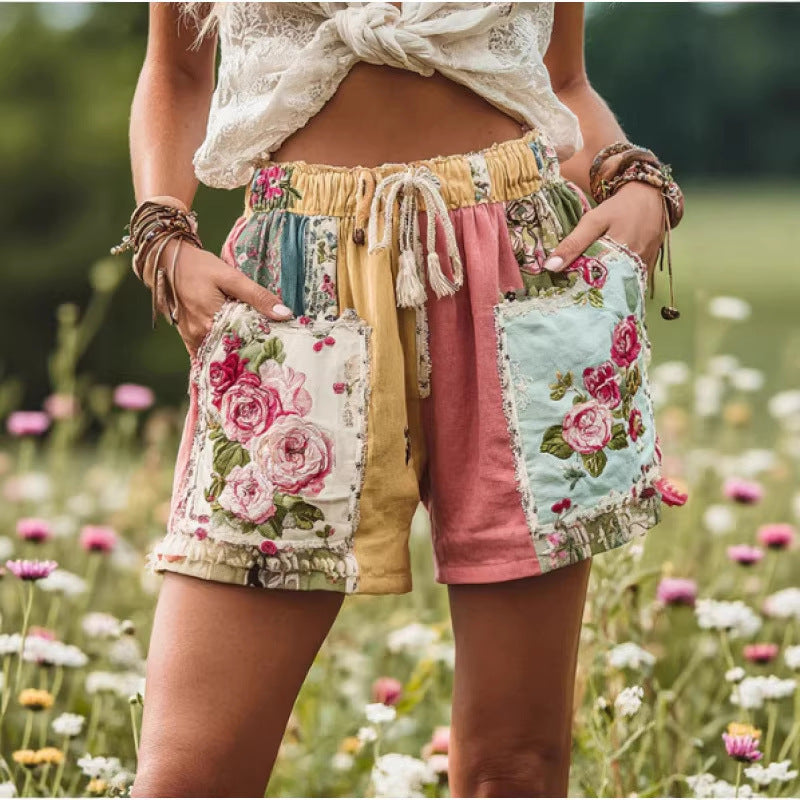 Retro Floral Print Casual Womens Shorts