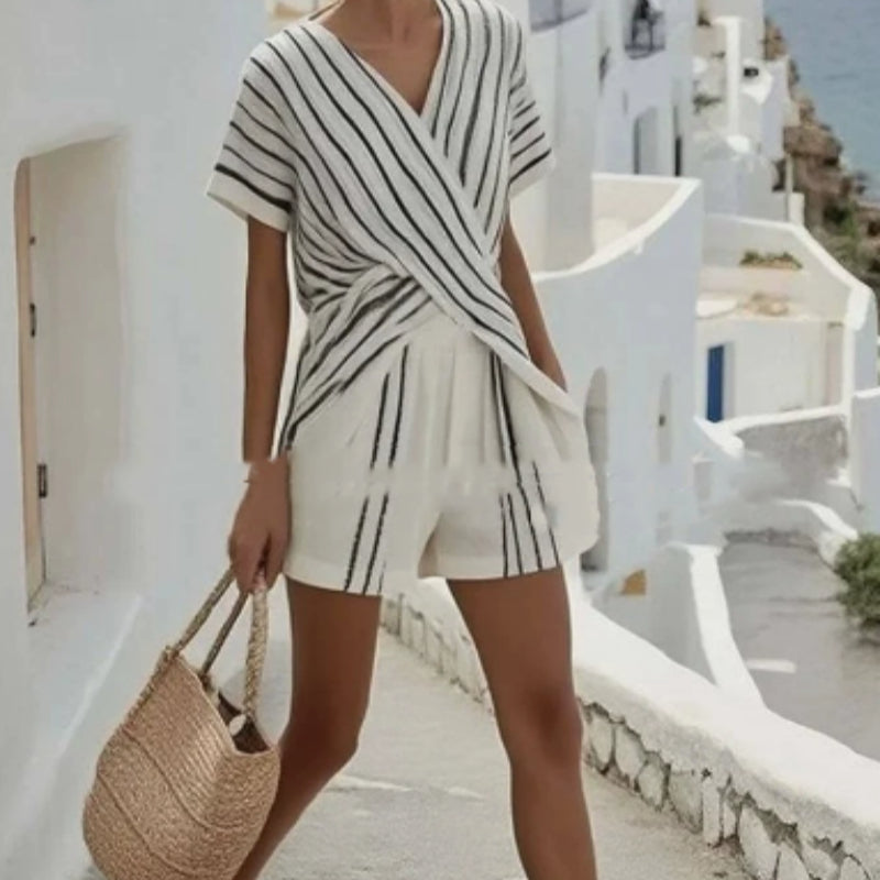 Casual V-Neck Short-Sleeve Striped Color-Block Shorts Two-Piece Set