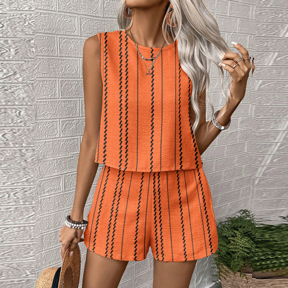 Womens Casual Striped Sleeveless Fashion Top And Shorts Two-Piece Set