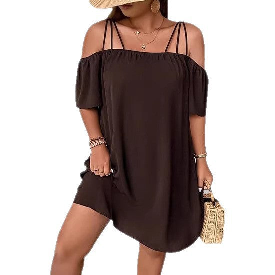 European And American Women's Solid-Color Off-Shoulder Fashion Dress