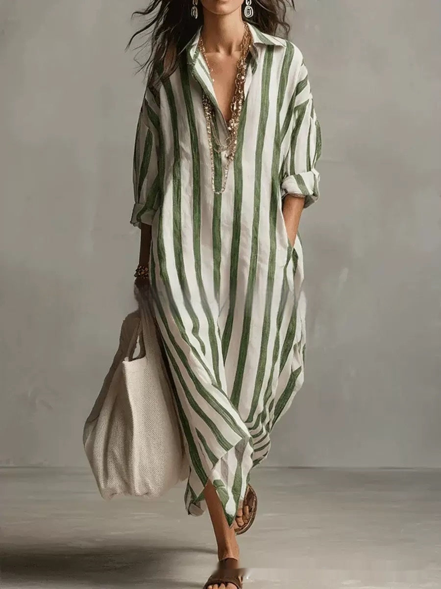 Striped Lapel-collar Dress With Side Slits And Pockets