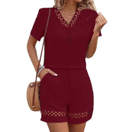 V-Neck Spliced Short-Sleeve Solid Color Cotton-Linen Shorts Set For Women